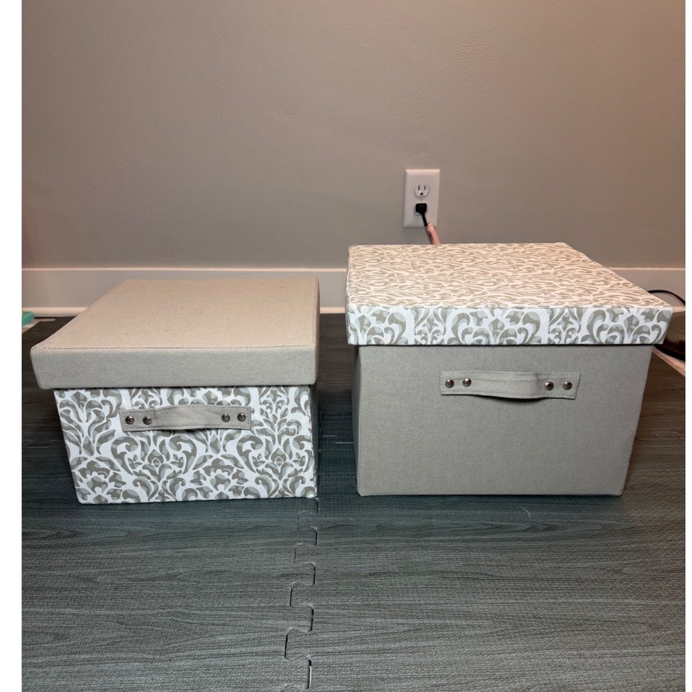 Set of 2 Damask Fabric Storage Bins with Lids Gray Canvas Organizers